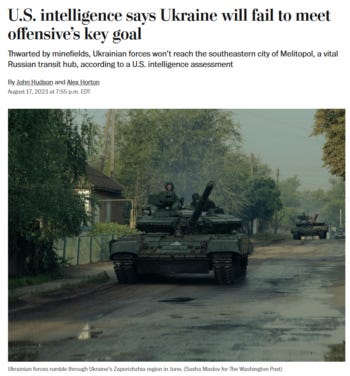 WaPo: U.S. intelligence says Ukraine will fail to meet offensive’s key goal