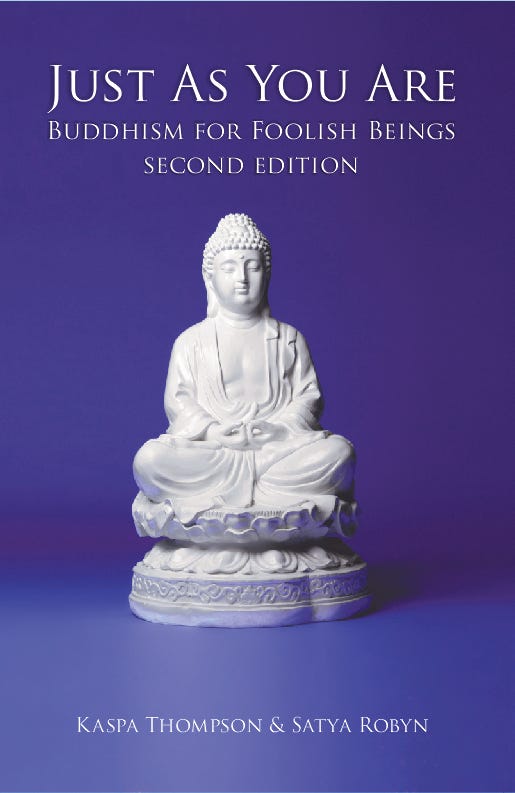The cover of Just As  You Are. A white Amiad Buddha statue photographed against a purple backdrop