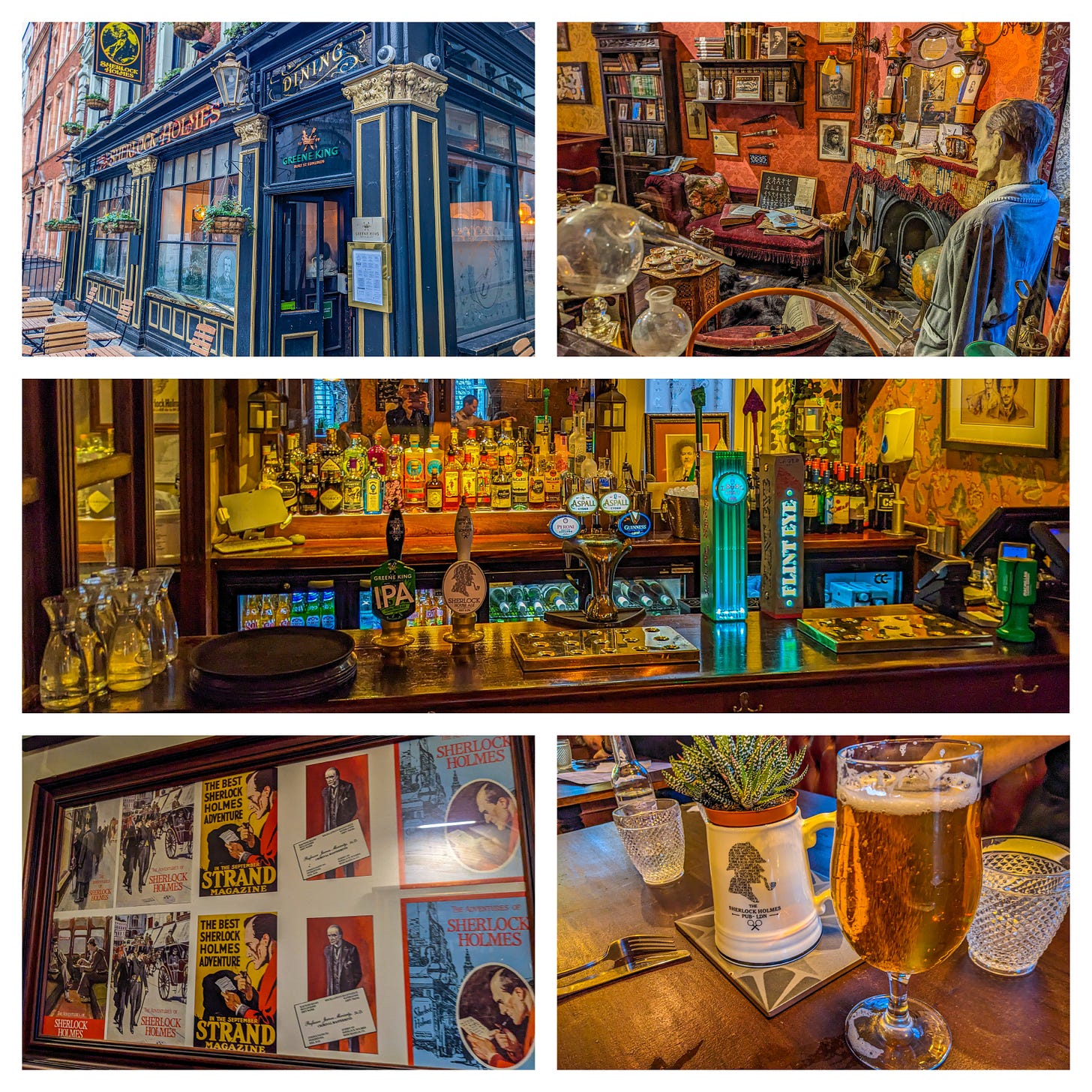 Collage showing the black and gold exterior of the pub, as well as Sherlock's apartment, the bar, posters, and a closeup of a glass of beer. 