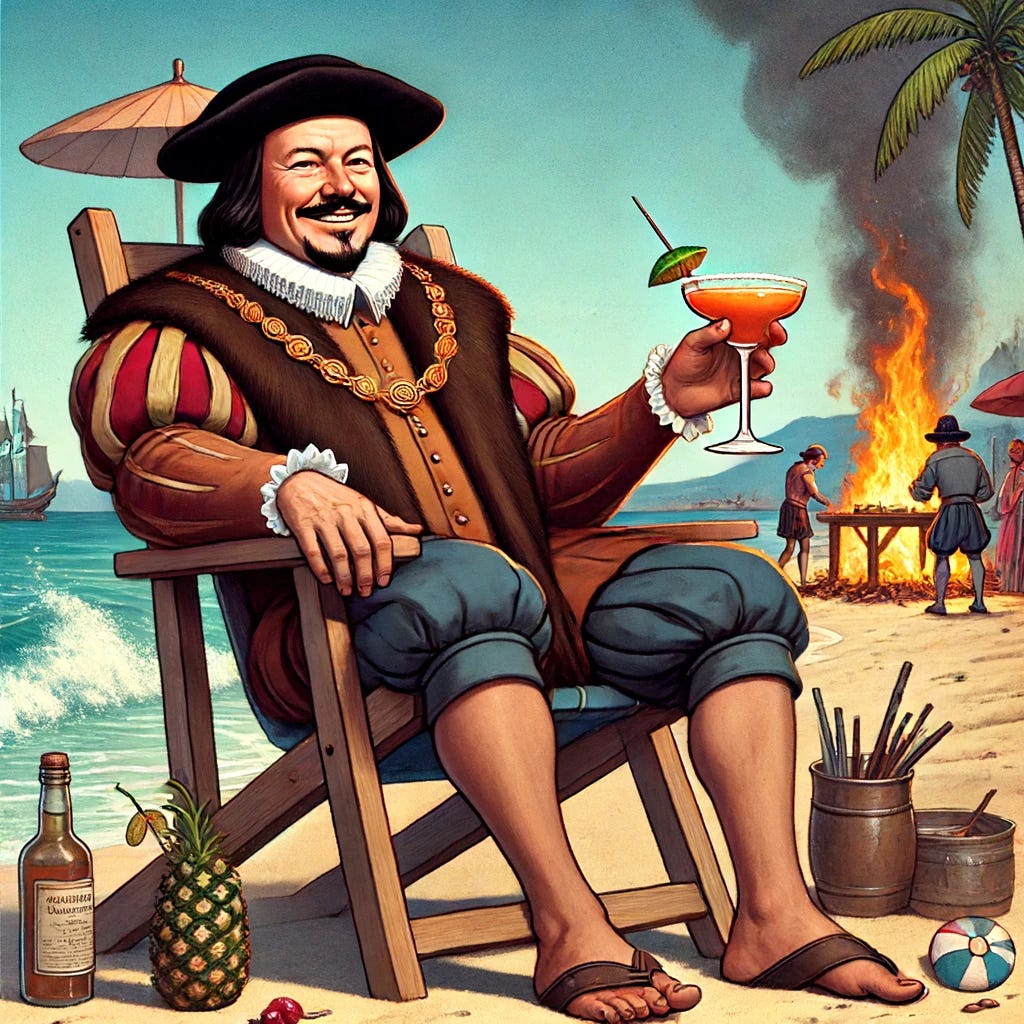 Thomas More, dressed in traditional 16th-century attire, is relaxing on a beach. He is sitting comfortably in a beach chair, with the ocean and waves in the background. He is holding a margarita in one hand, with a cheerful and relaxed expression on his face. The scene is set on a sunny day with a clear blue sky, and there are palm trees and beach umbrellas nearby. In the background, someone is about to be burned at the stake, with a small crowd gathered around and flames starting to rise, creating a stark contrast with the peaceful beach scene.
