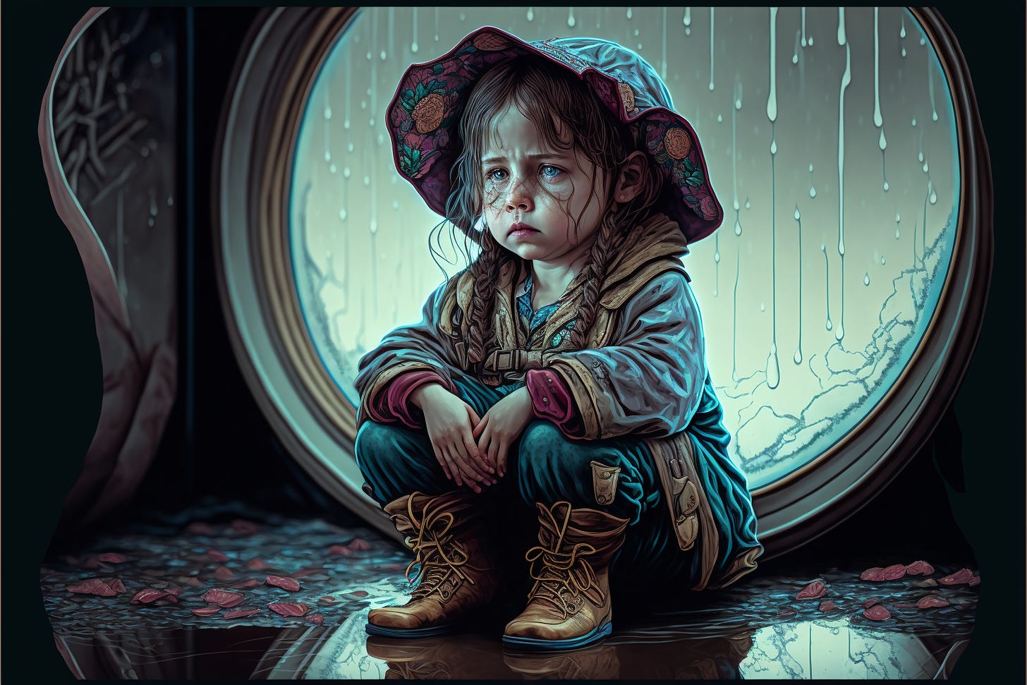 a sad little girl crying in the rain