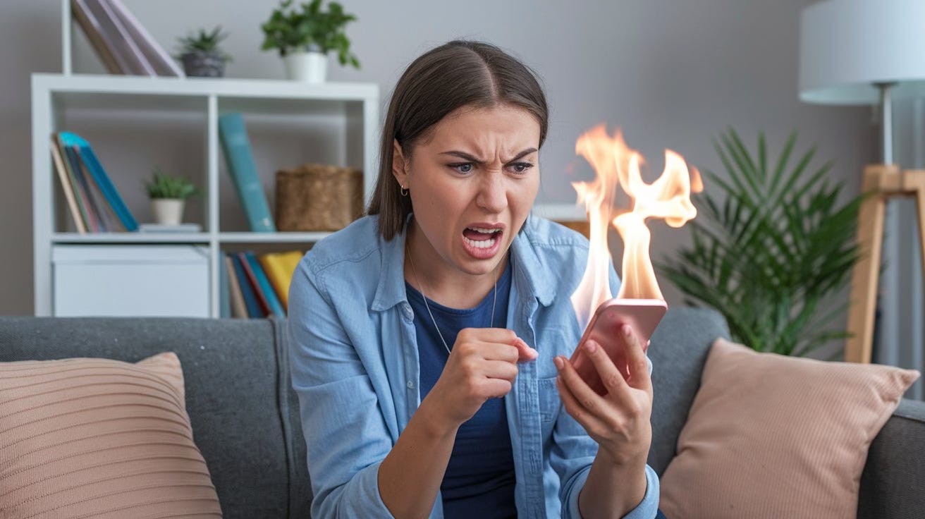 AI-generated photo created by Ideogram from prompt "angry woman seeing fire coming out of her phone which she is looking at"