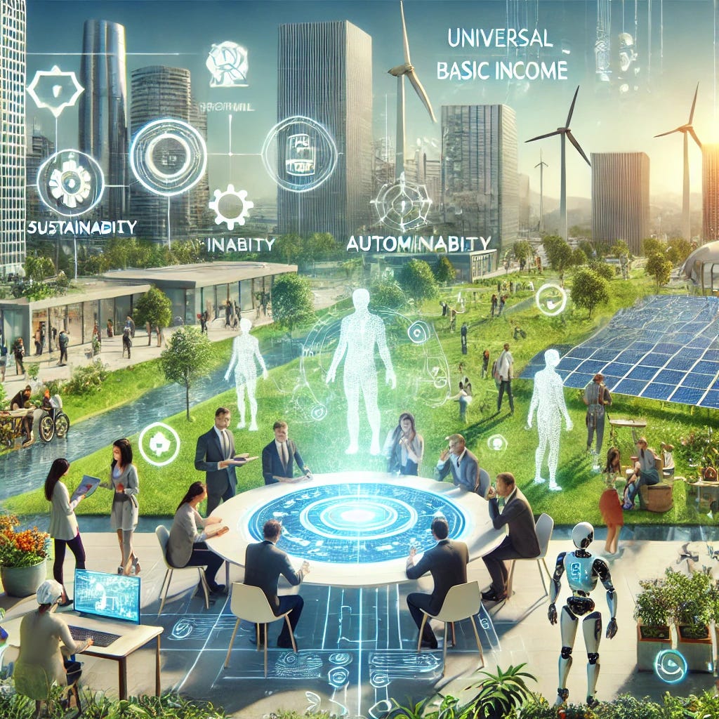 A futuristic and optimistic scene depicting a diverse group of people collaborating in a modern, sustainable city environment. The city is filled with green spaces, solar panels, wind turbines, and smart buildings. In the center, a multi-ethnic group of men and women are working together at a digital table with holographic displays showing concepts like 'Universal Basic Income,' 'Automation,' 'Sustainability,' and 'Innovation.' The atmosphere is one of harmony and progress, with AI-driven robots assisting humans in creative and productive activities, symbolizing a balanced future where technology and humanity coexist for the betterment of society.