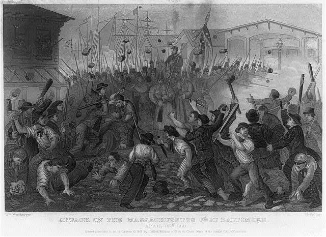 A black-and-white illustration of violence in the streets of Baltimore, including stone throwing and people wielding weapons.