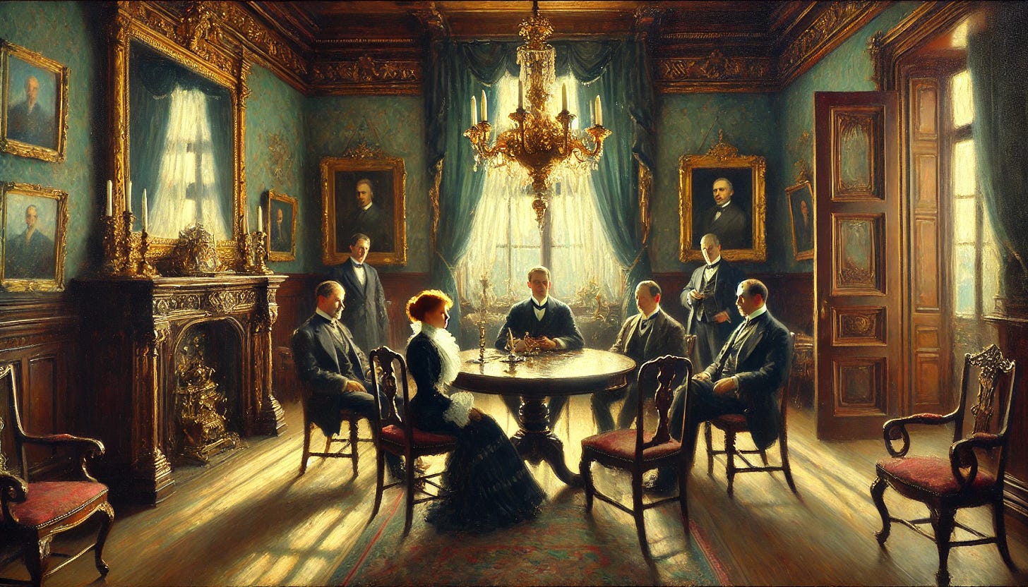 An impressionistic oil painting of a dimly lit parlor or study in a grand European home from the Edwardian era (1900-1910), styled reminiscent of Fritz Syberg. The room features dark, heavy wood furniture with intricate detailing, and a large, polished wooden table surrounded by three or four individuals dressed in early 20th-century attire. Men wear high-collared shirts and dark suits, and a woman is dressed in a high-necked blouse and long skirt, with perhaps a feathered hat. A faint light from a tall window, framed by thick velvet curtains, casts dramatic shadows, illuminating ornate gilded mirrors and paintings on the walls. An elaborate chandelier hangs above, and the figures' expressions and body language convey an intense, strained atmosphere. The color palette is gentle and pastel-like, capturing the soft, dappled light and serene yet tense ambiance.