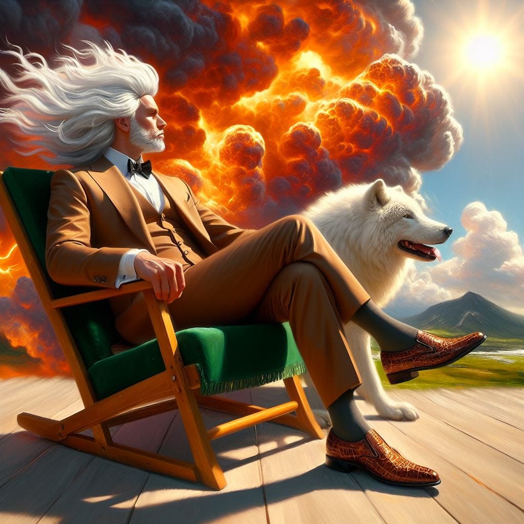 oil painting and glass Tilt Shift, lens baby effect; •	Hakone Open-Air Museum (Kanagawa, Japan) , honey and silver haired middle aged man in brown bespoke suit with bespoke alligator shoes. He is sitting on a green velvet sling back chair with a white wolf beside him. The wolfs hair and his hair are blowing gently in a breeze. fluffy clouds, sunny sky, sun made of plasma, lava sky