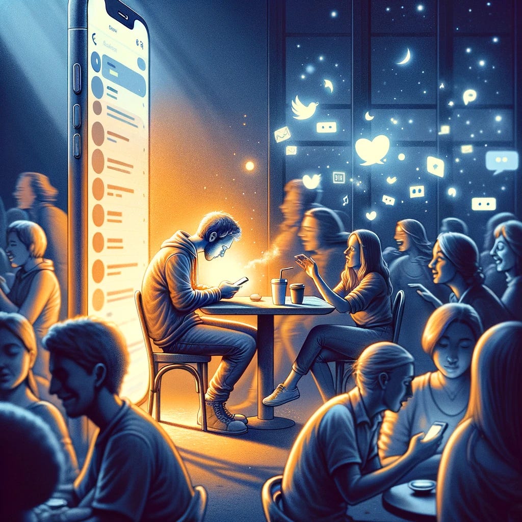 Create a poignant and relatable illustration that conveys the addictive nature of social media through a more human and everyday perspective. Picture a scene with a person sitting alone at a cafe table, completely engrossed in their smartphone. Around them, life goes on - people are chatting, laughing, and enjoying each other's company, but this person is oblivious, symbolizing isolation amidst connectivity. The smartphone screen glows brightly, drawing the person's full attention, while real-life interactions blur into the background. Use warm and cold contrasts to highlight the divide between the digital and real world, making the scene both inviting and slightly melancholic. This visual should evoke a sense of understanding and empathy, capturing a moment that many of us have experienced.