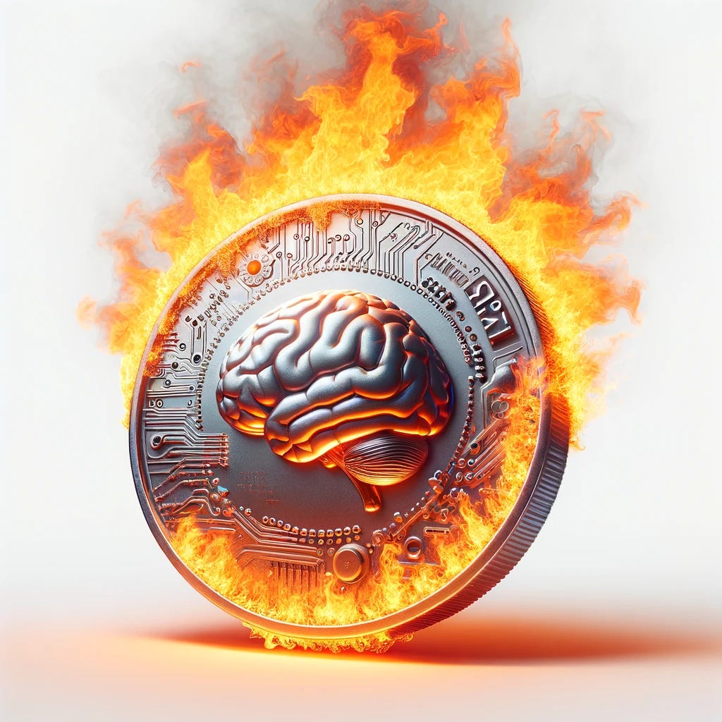 Create a photorealistic image of a coinlike disc, engulfed in flames, viewed from the front. The disc should be depicted as perfectly round and metallic, with a clear, unmarked surface that reflects the light from the flames around it. The background should be completely white, and the disc must not have any engravings, text, letters, numbers, or symbols on it, EXCEPT FOR A STYLIZED BRAIN WITH TECHNOLOGY AROUND IT, emphasizing its smooth, shiny texture. The flames should appear vibrant and dynamic, casting light and shadows across the disc's surface.