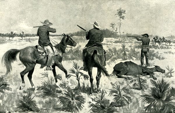 An illustration depicting Florida Crackers on horseback engaged in hunting, set in a prairie landscape dotted with palm trees, showcasing their resourceful and self-reliant lifestyle.