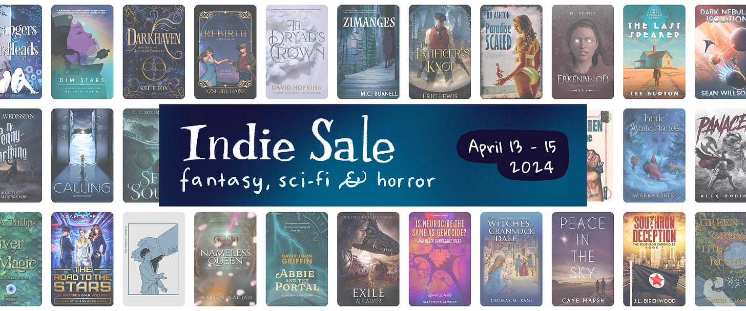 Text reads: Indie Sale: Fantasy, Sci-Fi and Horror titles on a background of book covers