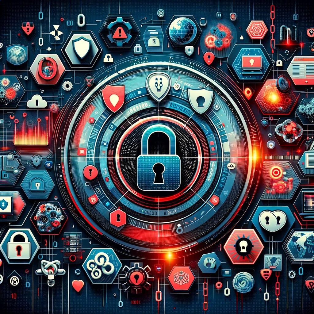 A visually engaging and thematic collage for a cybersecurity newsletter. The image should contain elements representing cybersecurity threats and defenses, such as digital locks, binary codes, firewalls, and shield icons. It should also include visual representations of critical vulnerabilities, such as broken chains, alerts, and warning signs. The overall tone of the image should be professional yet dynamic, suitable for a newsletter cover that focuses on cybersecurity updates, vulnerabilities, and solutions. The colors should be a mix of blue, red, and black, reflecting the seriousness and urgency of cybersecurity issues.