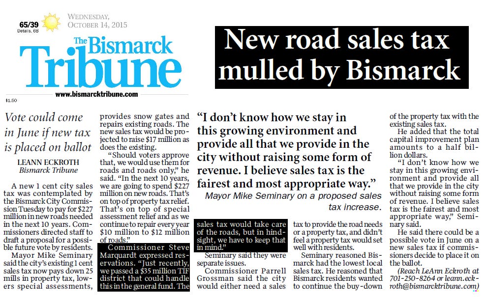 Bismarck Road Sales Tax Article