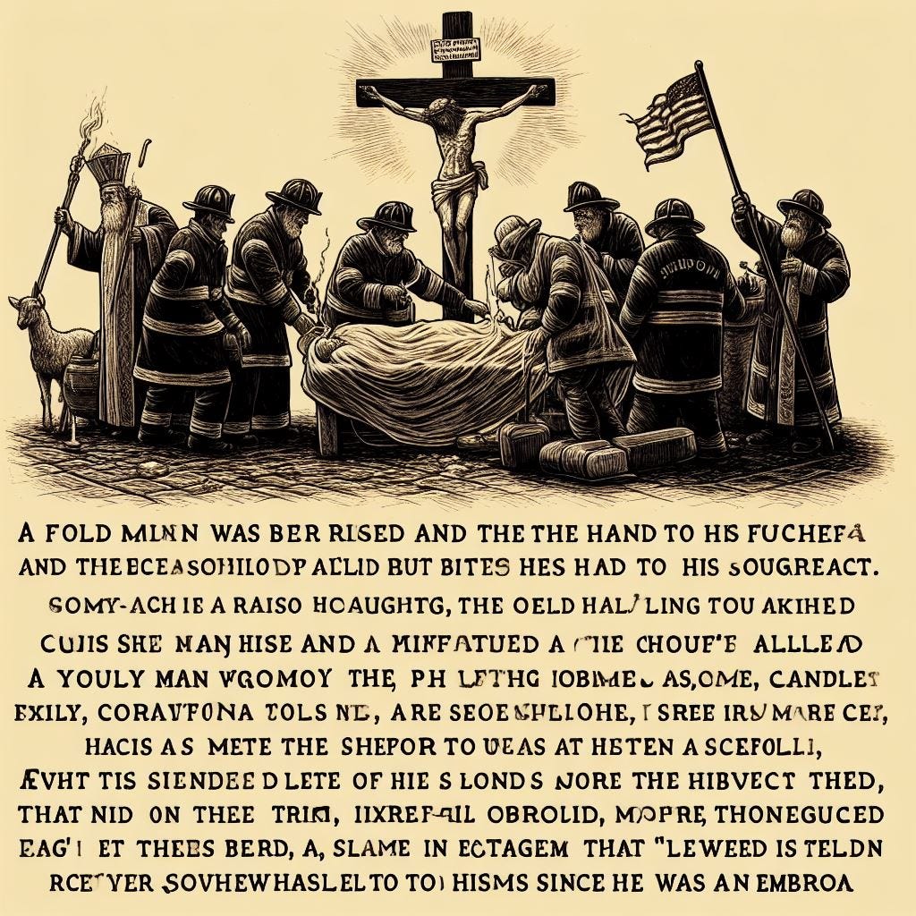 A flag was raised

and the Pope put

his hand to his

forehead.

An old

man cried into a

bouquet

and candles stayed

lit on a sidewalk.

A young woman kept

feeling her stomach

and a street musician

injected a bit of humor

into his veins.

A fireman

coughed and somebody

up on a cross made an

effort to exaggerate the

lies that had been told to

him since he was an embryo.