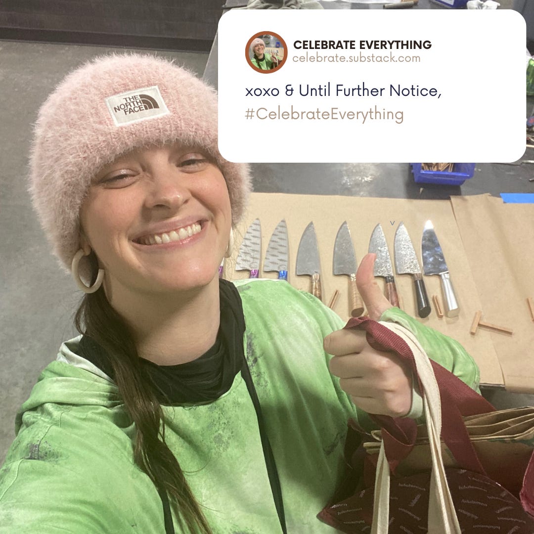 celebrate everything woman in green shirt and pink hat standing above handmade primeaux kitchen knives