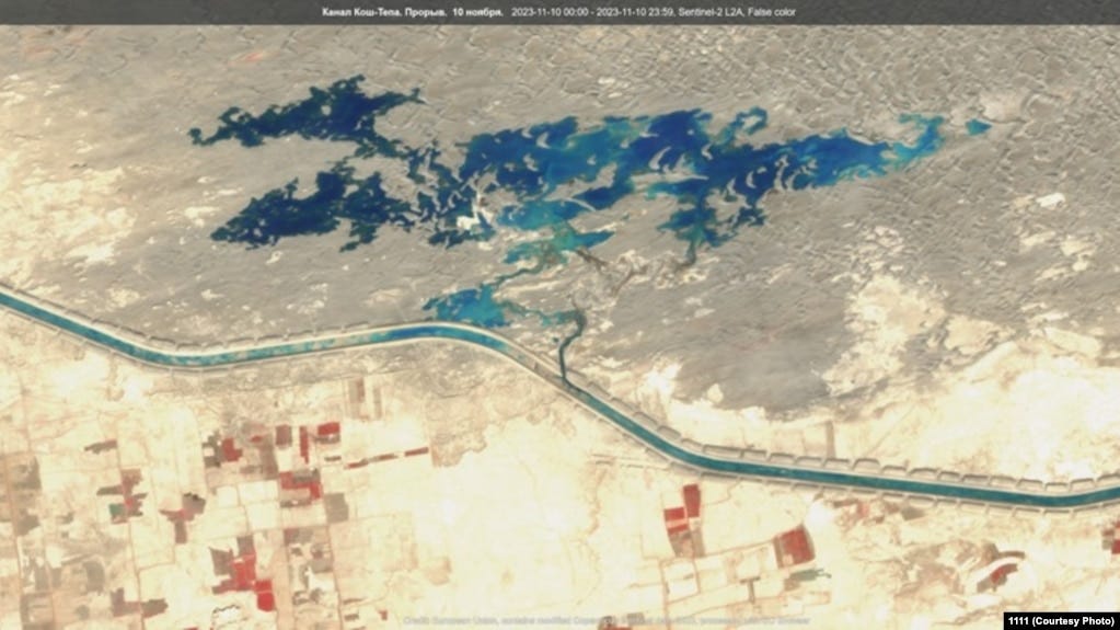 AFGHANISTAN - Satellite image shows major spill of water on the Qosh Tepa canal built by the Taliban in northern Afghanistan. Courtesy photo.