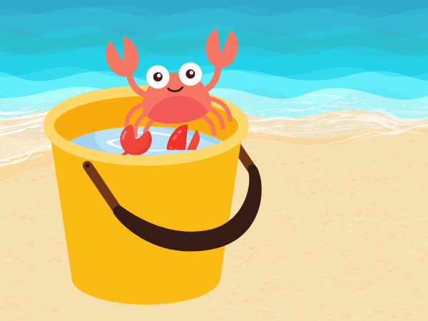 Illustration of a bucket on the sand by the ocean with a smiling crab trying to escape as two different claws try to keep it inside the bucket