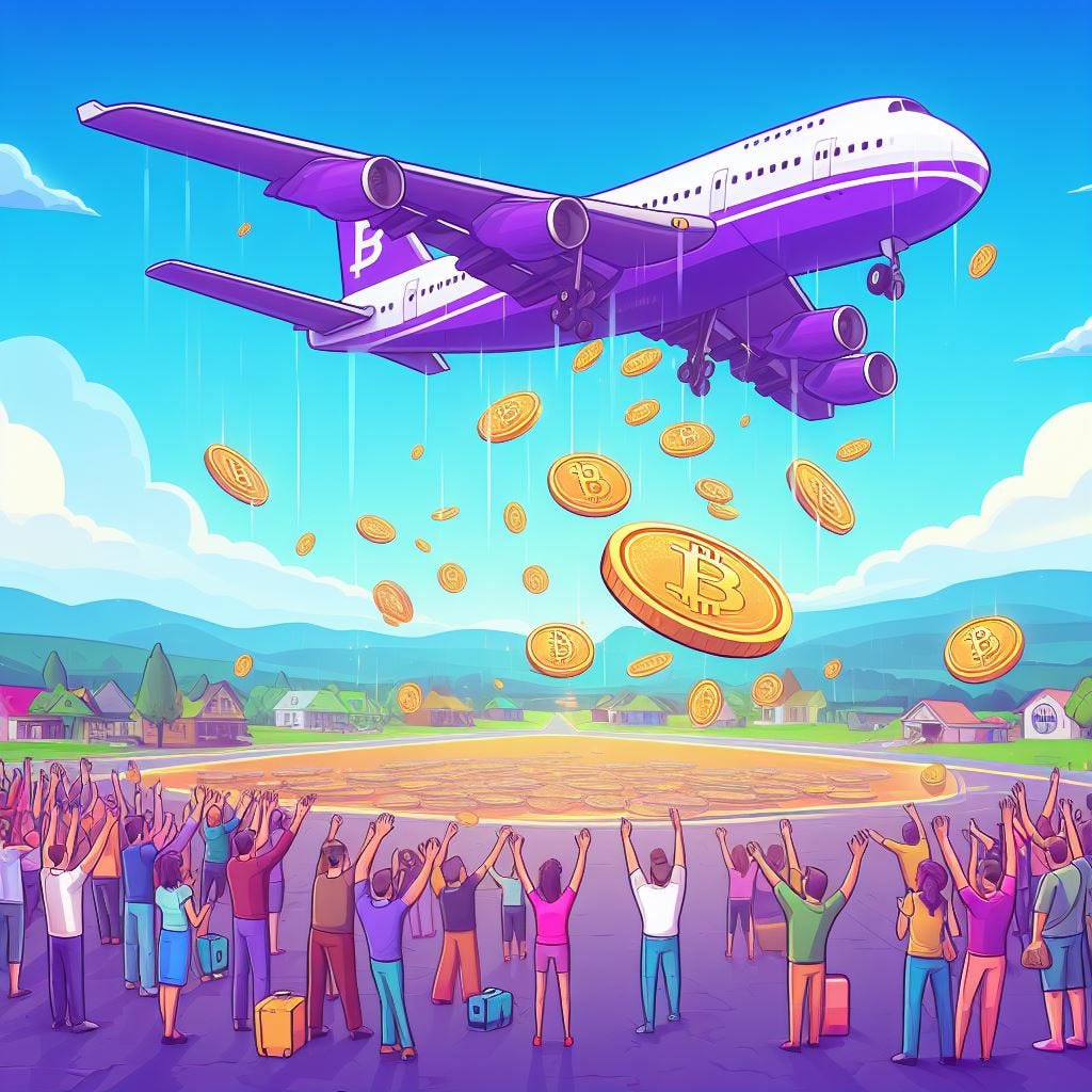 a purple plane dropping crypto tokens out of the sky to a crowd of happy people