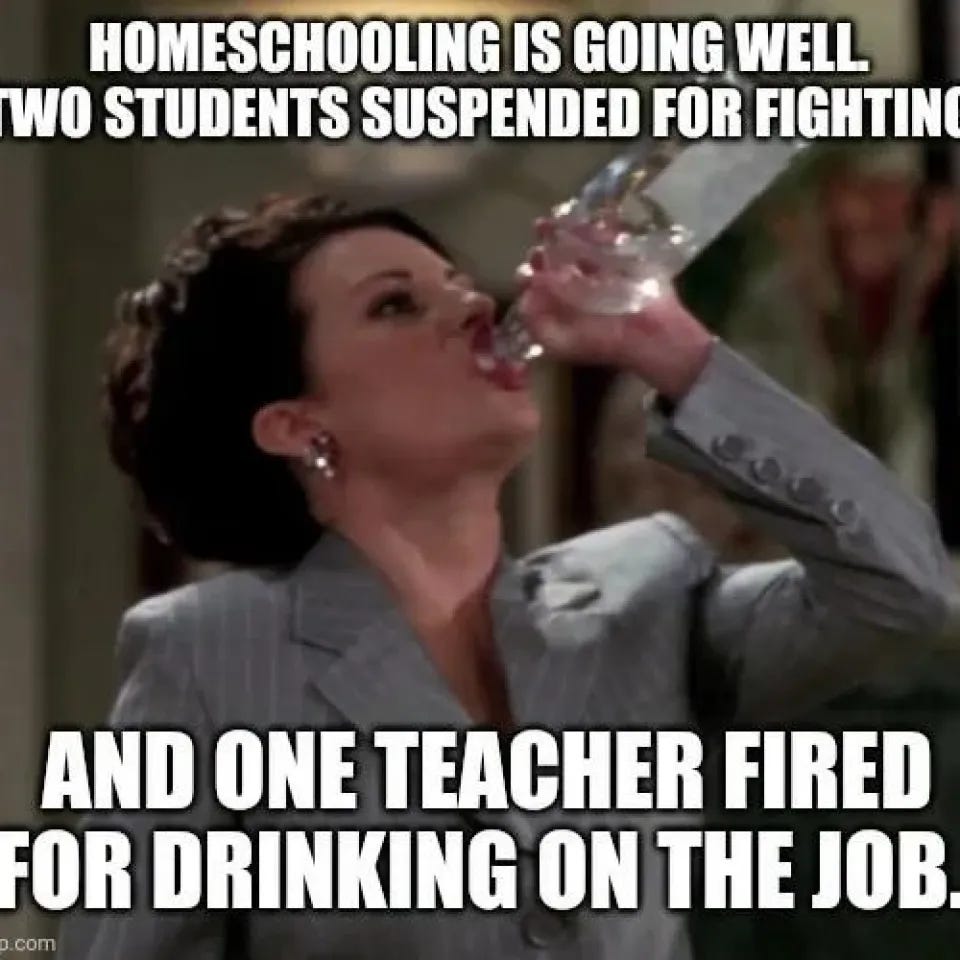 Woman chugging a bottle of wine with caption "Homeschooling is going well. Two students suspended for fighting and one teacher fired for drinking on the job"