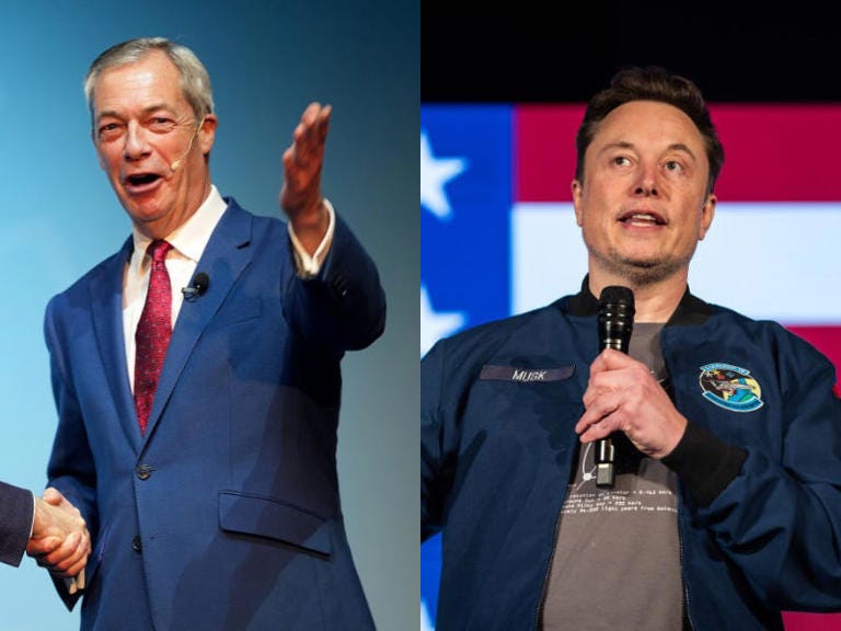 Reform UK leader Nigel Farage (left) and Elon Musk (right). Musk has waded into UK politics. Christopher Furlong/Getty Images and Samuel Corum/Getty Images