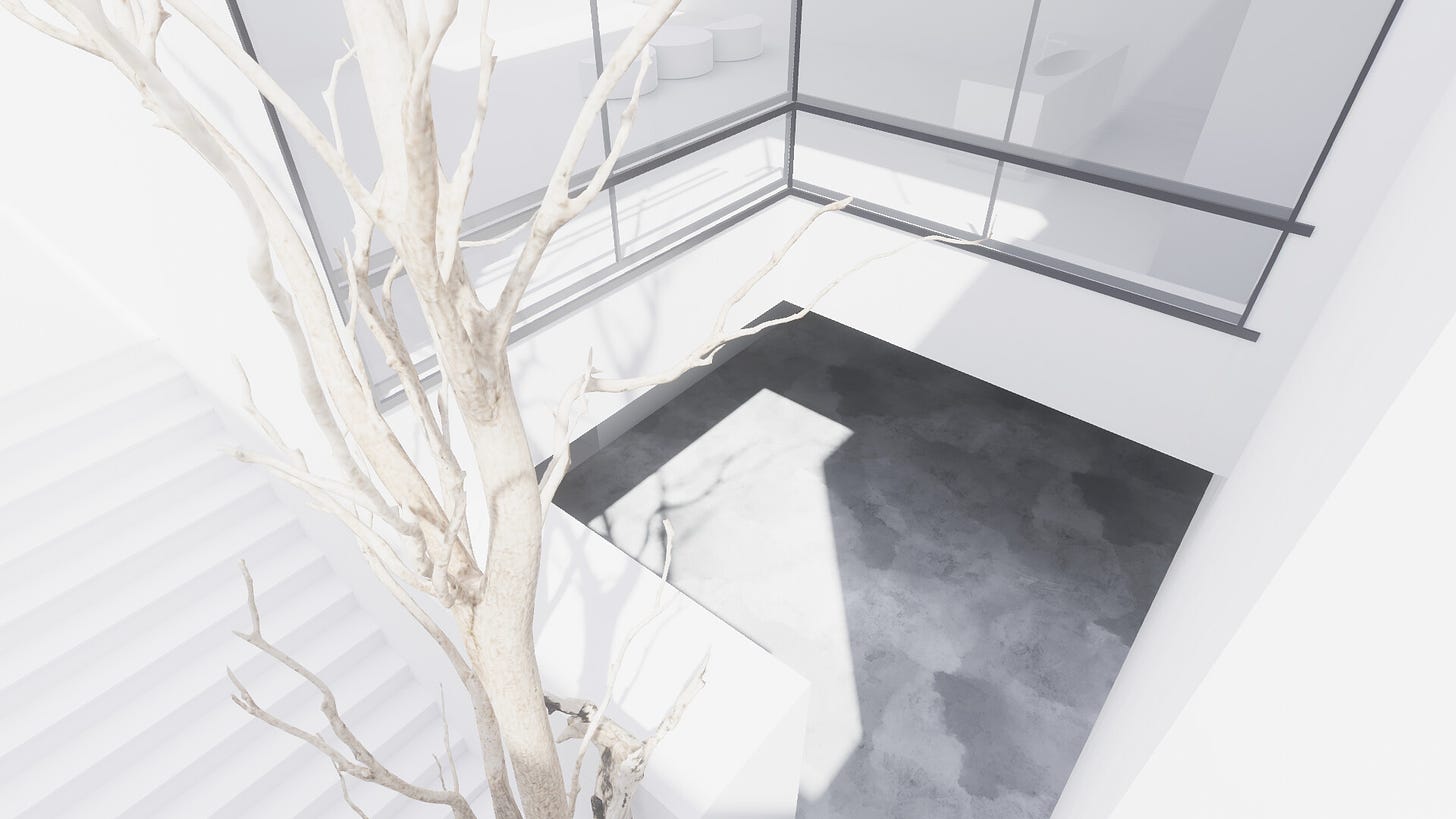 White architecture, including windows and a staircase. The floor has a gray, marbled appearance. There is a white tree with no leaves in the foreground.