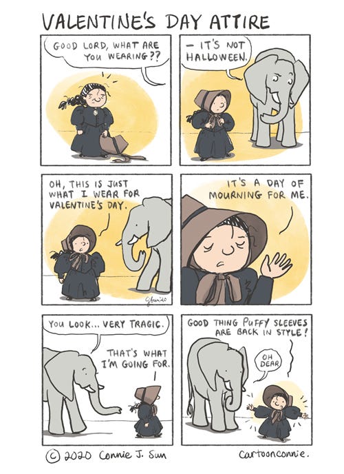 valentine's day, fashion, puffy sleeves, humor, comics, cartoon, illustration, elephant comic, old maid cartoon, connie sun, sketchbook, cartoonconnie