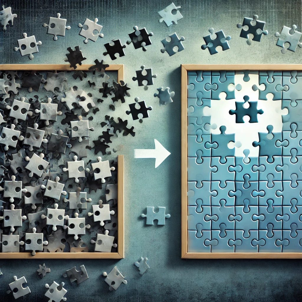 A conceptual illustration of transformation using puzzle pieces. On the left side, puzzle pieces are scattered randomly, representing confusion and disorder. In the center, some pieces are connecting, showing the process of change. On the right side, the puzzle is fully assembled into a complete, cohesive image, symbolizing clarity and transformation. The background subtly shifts from dark to light, emphasizing progress.