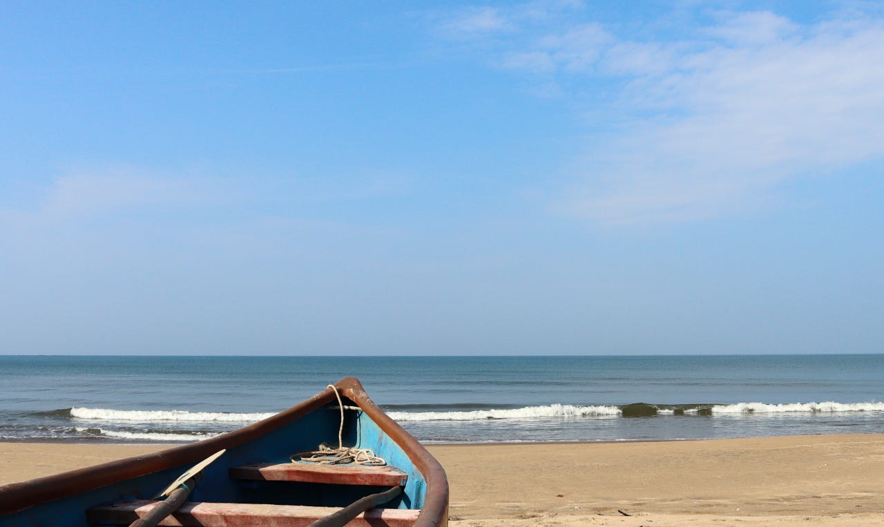 Small fishing boat parked on Talashil Tondavali beach