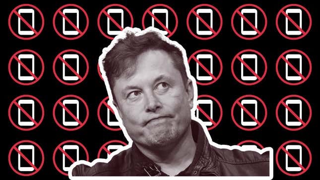 An illustration of X owner Elon Musk surrounding by "no phone" signs.