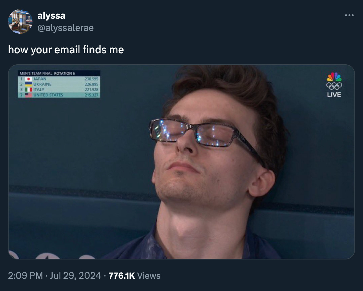 A tweet that reads "how your email finds me" with a picture of a white man in nerdy glasses taking a nap sitting up.