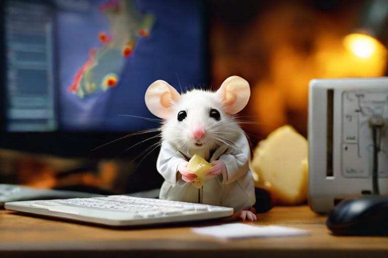 a high resolution picture of a white mouse wearing a lab coat looking at a computer screen  at a map of new zealand with a lump of cheese