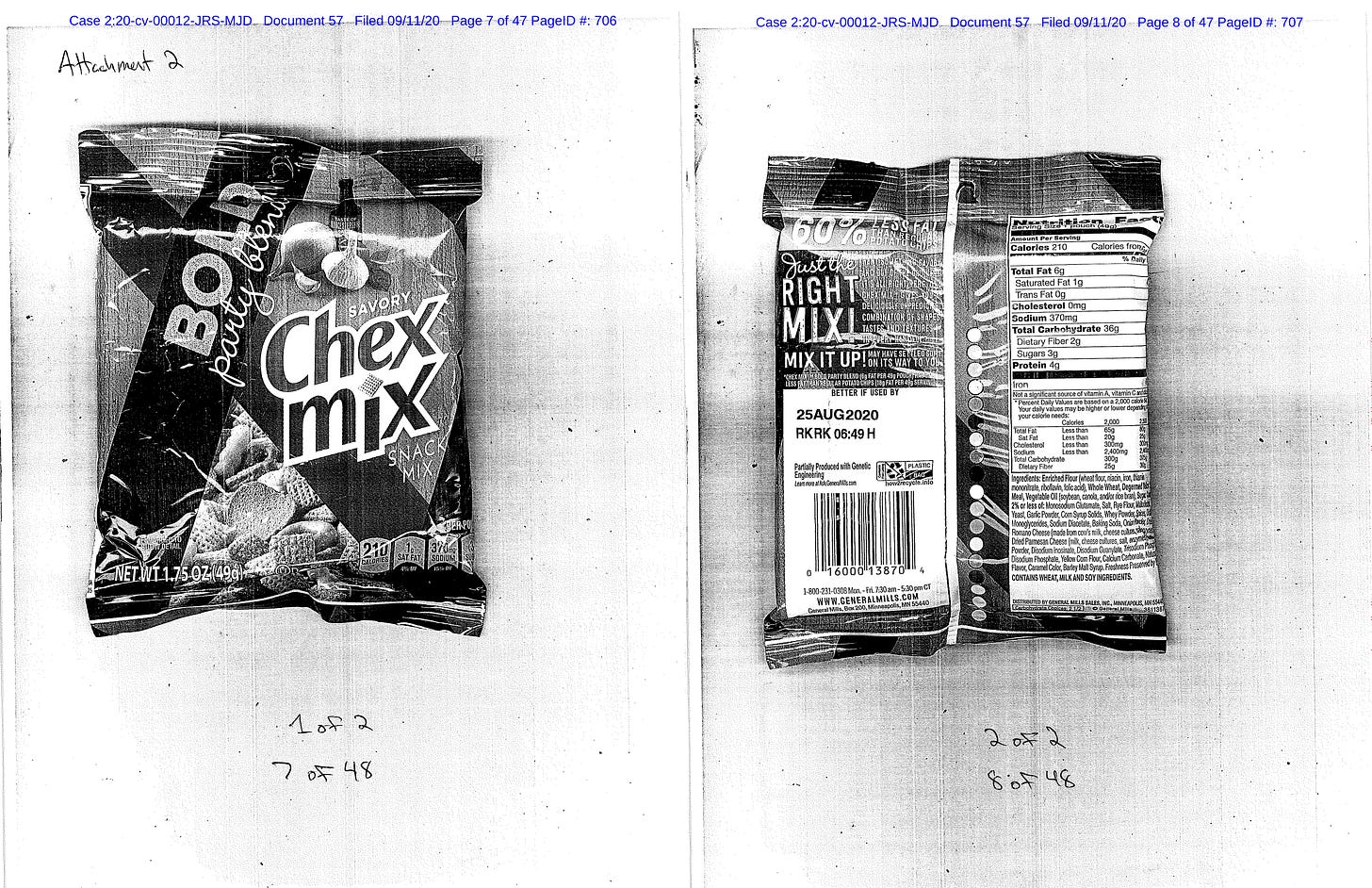 A court exhibit of a bag of "BOLD party blend SAVORY Chex mix"