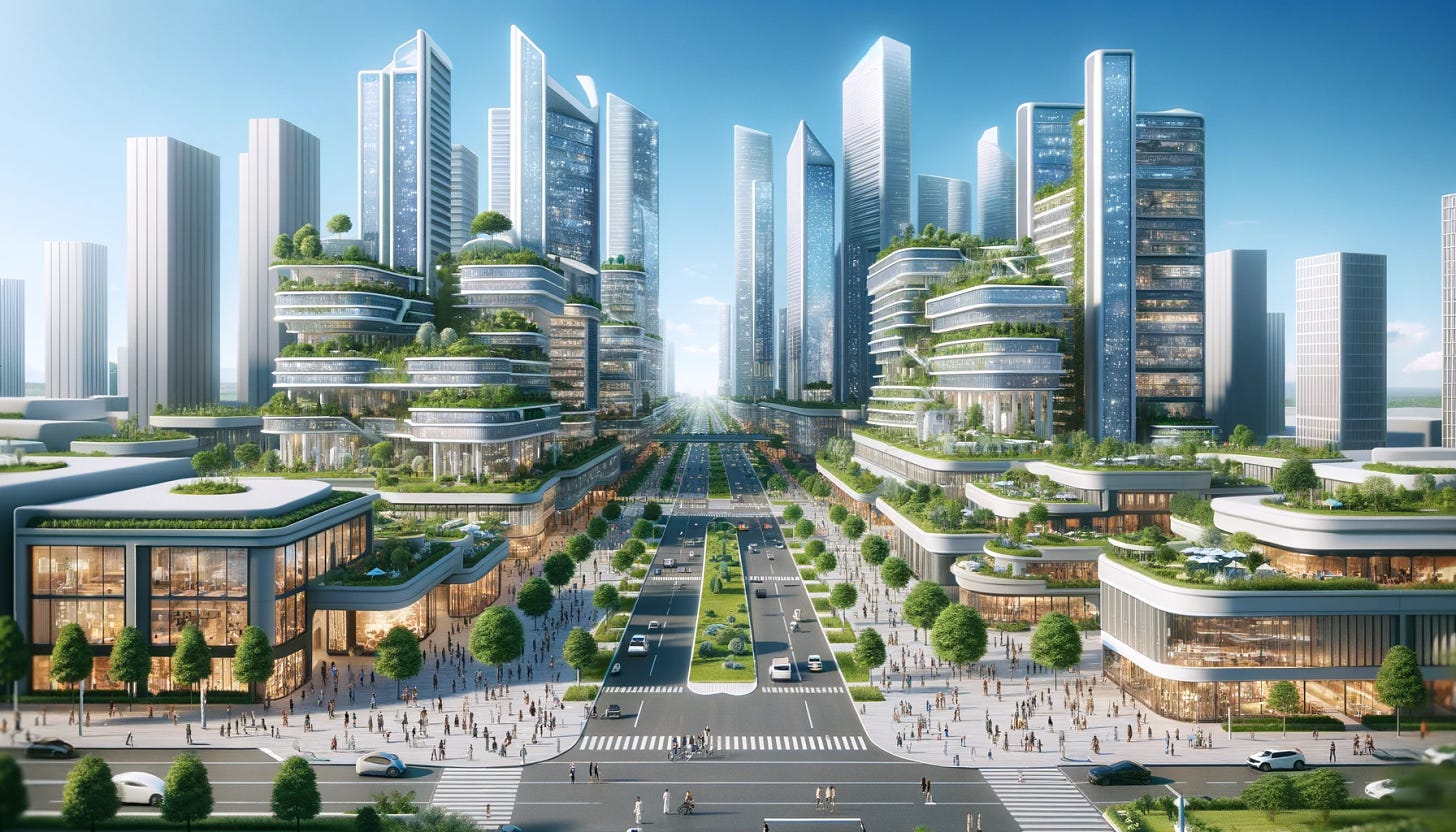 A photorealistic image of a futuristic private city, showcasing its clean, beautiful, and well-maintained environment. The city should feature innovative and interesting architecture, including tall, sleek buildings with eco-friendly designs, and ample green spaces like parks and vertical gardens. Streets should be populated with people of diverse ages and backgrounds, engaging in various activities like walking, socializing, and using futuristic modes of transportation. The atmosphere should convey a sense of harmony and advanced urban living, with a focus on sustainability and community well-being.