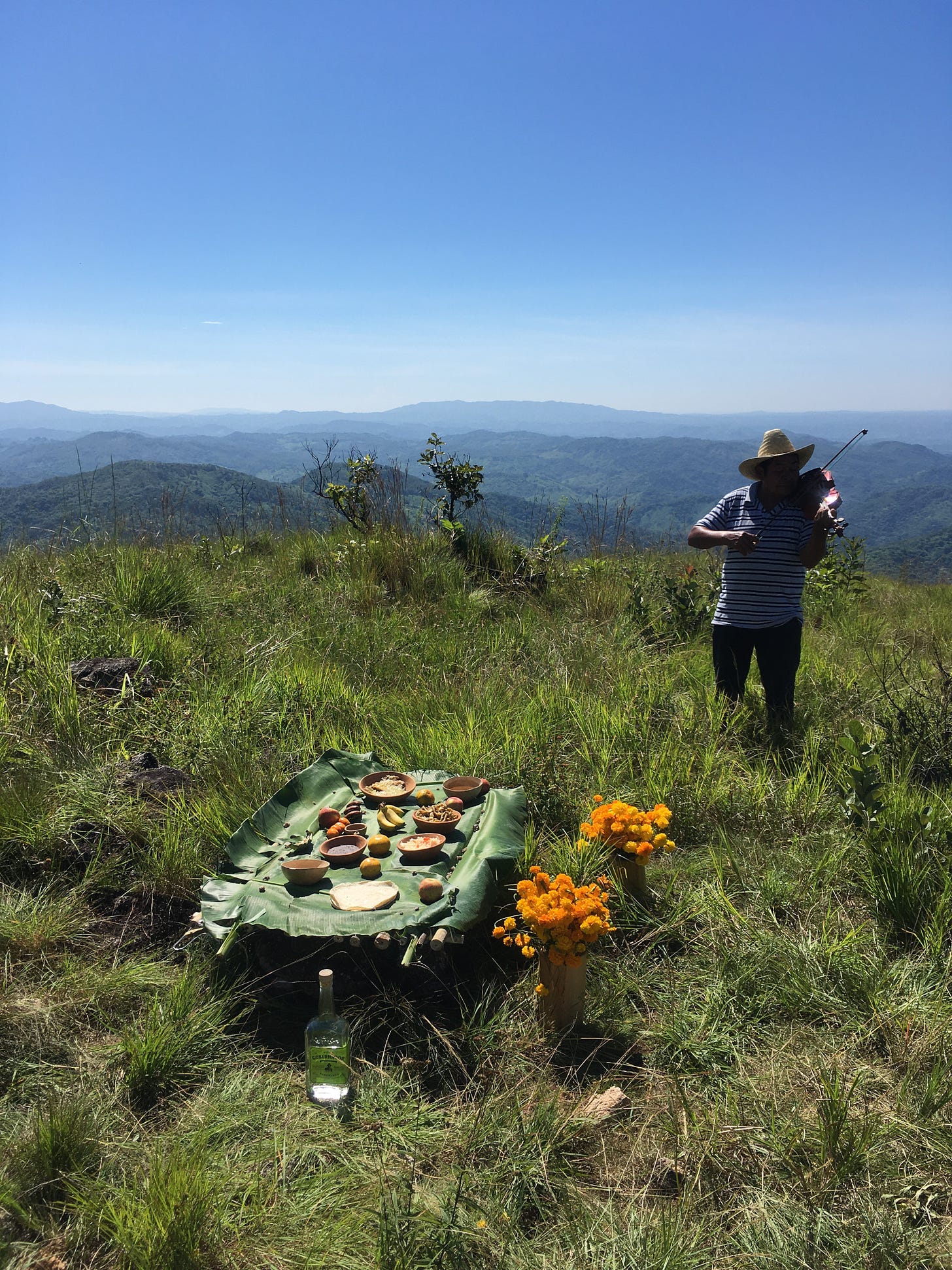 An offering on a low platform with two bunches of marigolds set out before it on the ground. In the mid-ground, a man in a hat with a violin is playing. Mountains are silhouetted in the background.