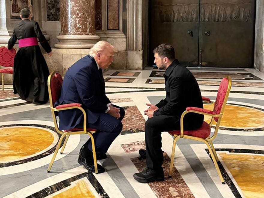 Ukraine's President Volodymyr Zelenskyy, right, and President  Trump, talk as they attend the funeral of Pope Francis in Vatican, Saturday, April 26, 2025.