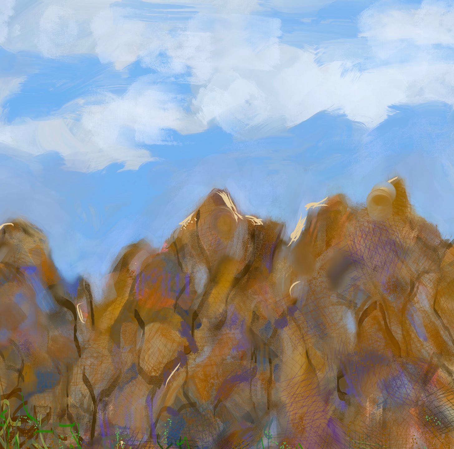 Sherry Killam artwork of ancient foothills forms with smooth colorful boulders.