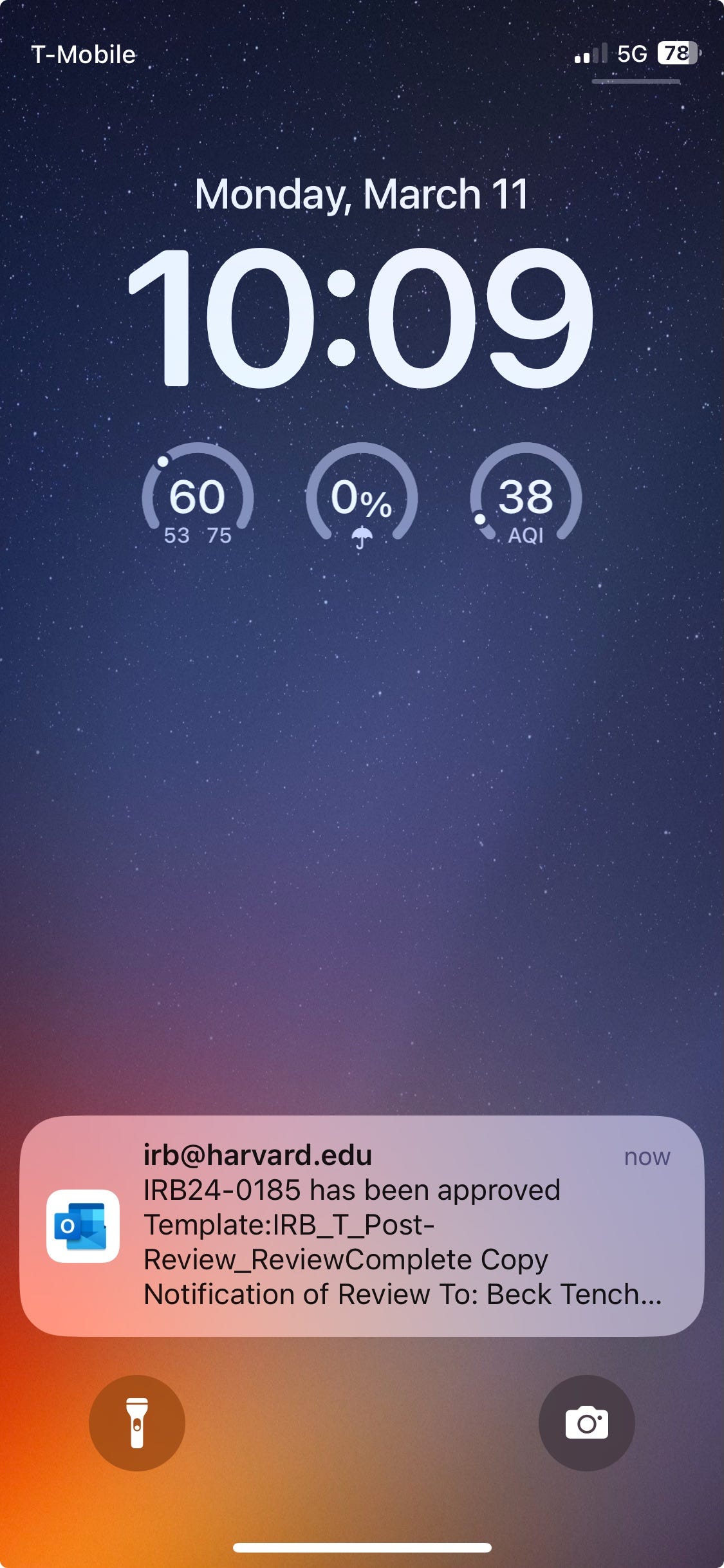 Screenshot of an iPhone lock screen with a notification of an approved IRB application. The screen displays the time as 10:09, the date as Monday, March 11, and various status icons like battery life and signal strength. The notification from 'irb@harvard.edu' indicates 'IRB24-0185 has been approved' and is addressed to Beck.