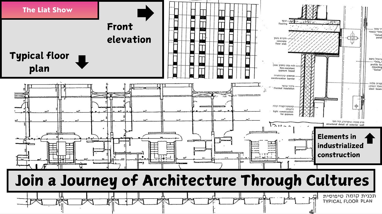 A detailed architectural illustration of industrialized construction methods. The bottom half features a typical floor plan showing unit layouts in a residential building. In the top left corner, a labeled box points to the "front elevation" of a multi-story structure with evenly spaced windows. On the right, a technical drawing highlights structural details of an exterior wall, including labeled construction layers such as insulation, gypsum board, and steel beam. Another box in the lower right marks these as “Elements in industrialized construction.” A large caption at the bottom reads “Join a Journey of Architecture Through Cultures.”