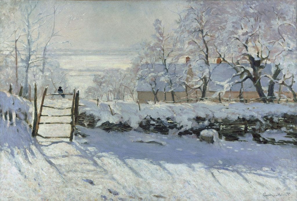 Claude Monet painting: Claude Monet, The Magpie, 1868-1869, Musée d’Orsay, Paris, France.
