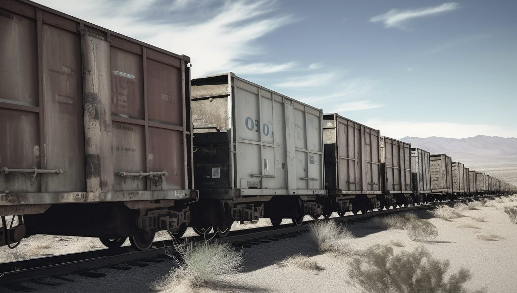 A long line of train cars in the desert