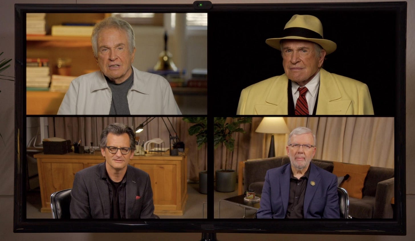 meta four way zoom with warren beatty, beatty as dick tracy, ben mankiewicz, and leonard maltin