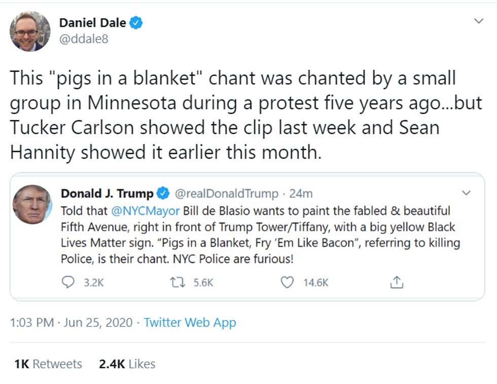 Daniel Dale tweet: "This 'pigs in a blanket' chant was chanted by a small group in Minnesota during a protest five years ago... but Tucker Carlson showed the clip last week and Sean Hannity showed it earlier this month.