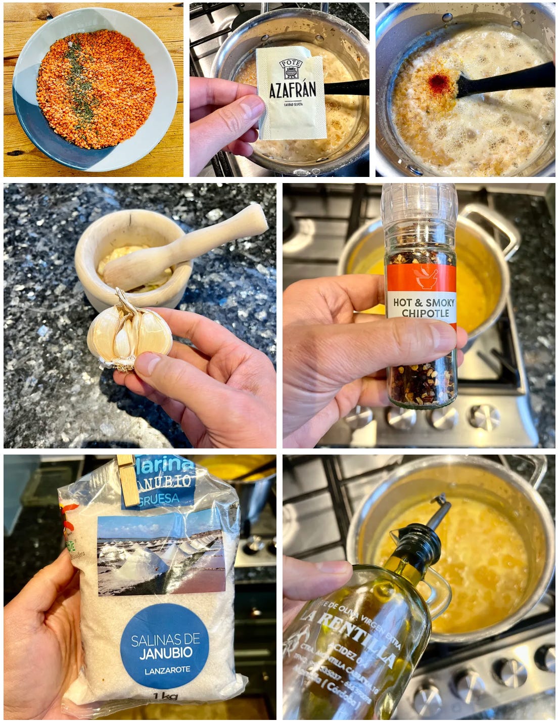 A cooking process montage showing the preparation of a lentil dish: mixed red lentils in a bowl, saffron infusion into a pot, crushed garlic in a mortar, chipotle spice being added, and sea salt from Salinas de Janubio alongside a bottle of olive oil.