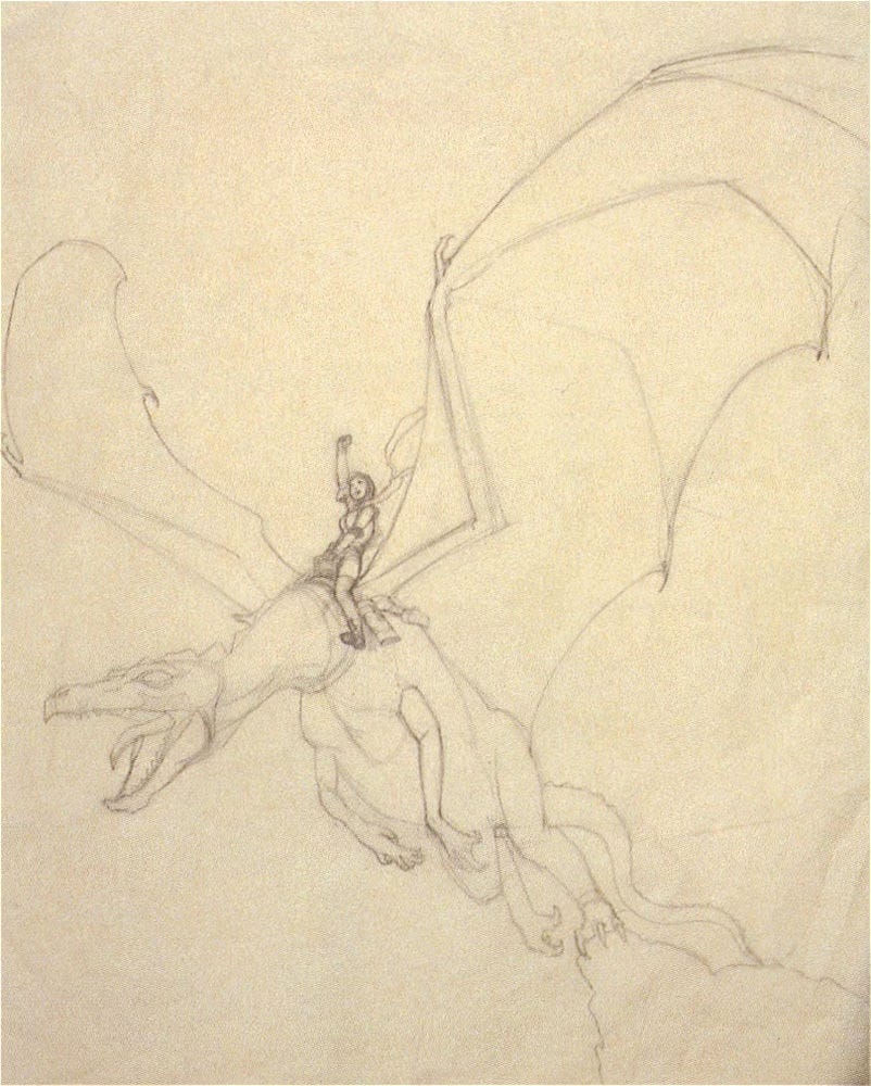 Figure study for MORETA in pencil featuring the dragon pushing off the rocky perch with wings spread and mouth open. The rider is in a bronco busting pose with her arm up.