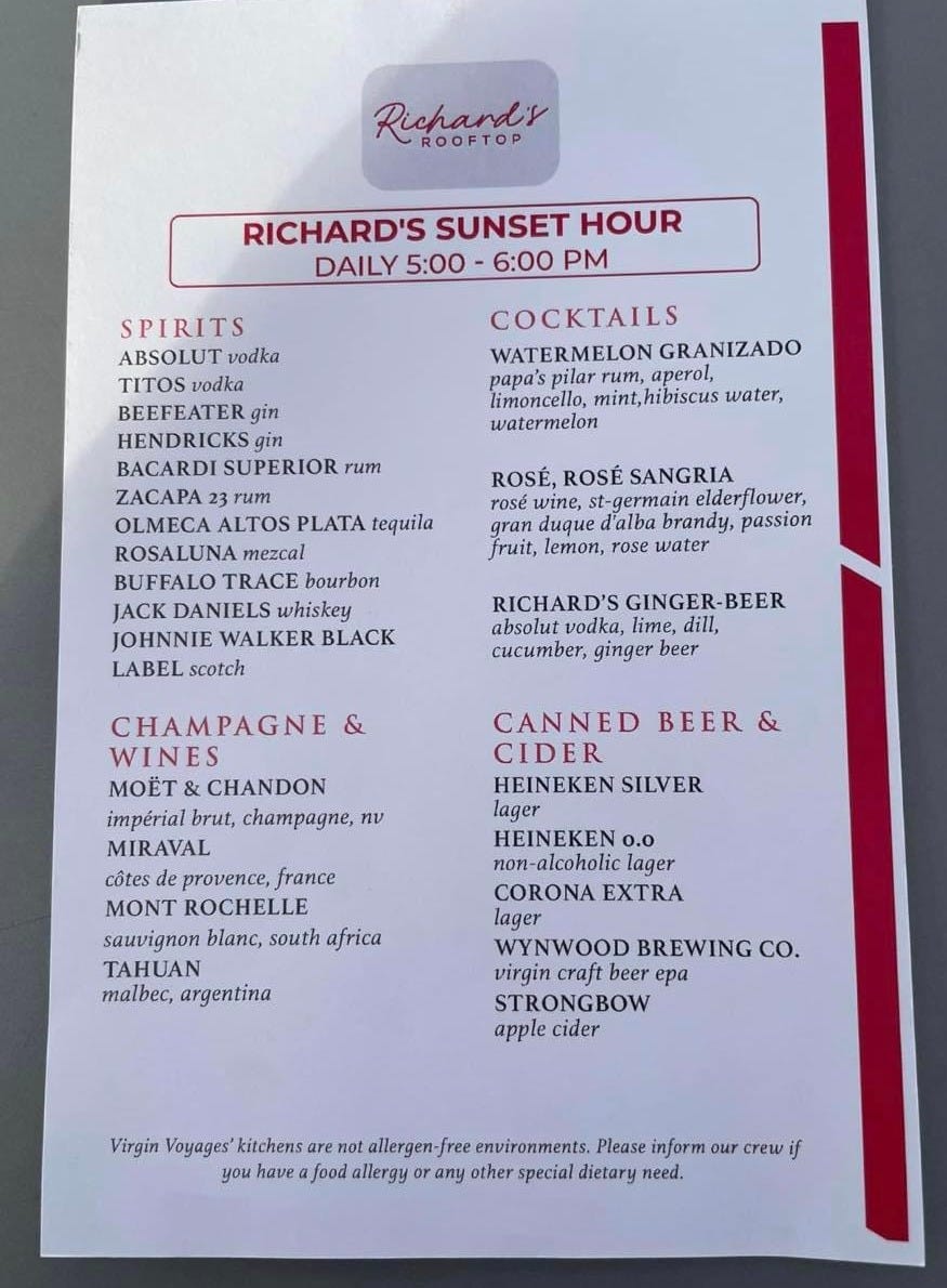 r/VirginVoyages - (From Facebook) New Richard’s Rooftop happy hour (ie free) menu for Rockstars.