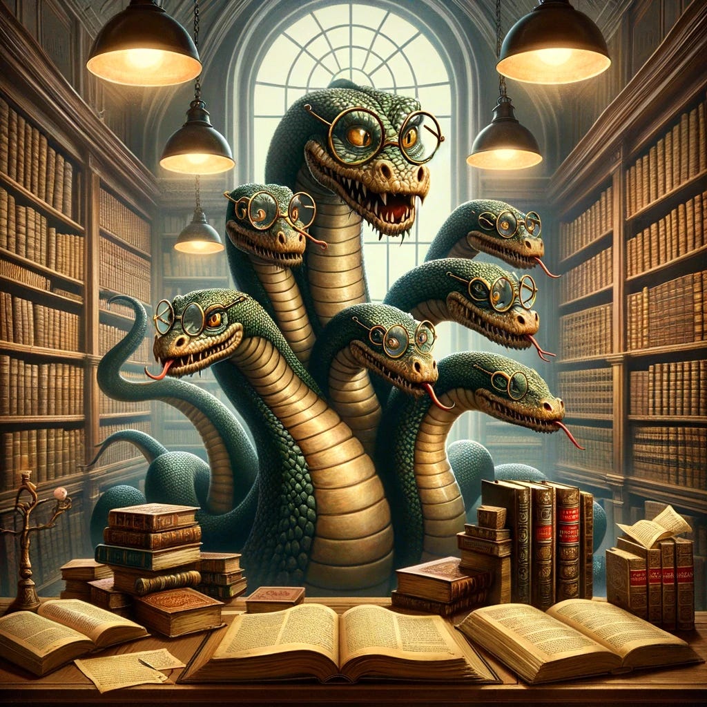 A whimsical depiction of a Hydra in a scholarly setting. The Hydra, with multiple serpent-like heads, each wearing round spectacles, is surrounded by books and ancient scrolls. Each head is focused on a different book, suggesting a thirst for knowledge. The environment is a classic library with wooden shelves filled with books, dimly lit by overhead lamps casting a warm glow. The scene conveys a blend of mythical and intellectual charm, creating a unique, studious atmosphere.