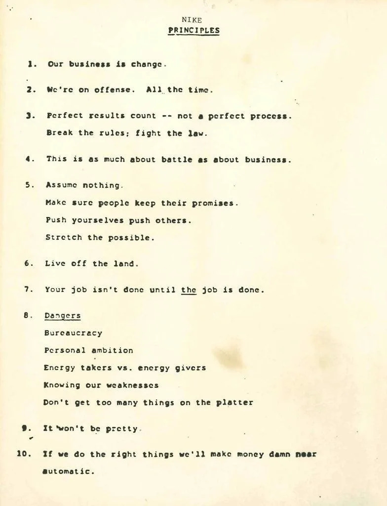 A 1977 Nike memo describing the company&#39;s &quot;principles&quot;