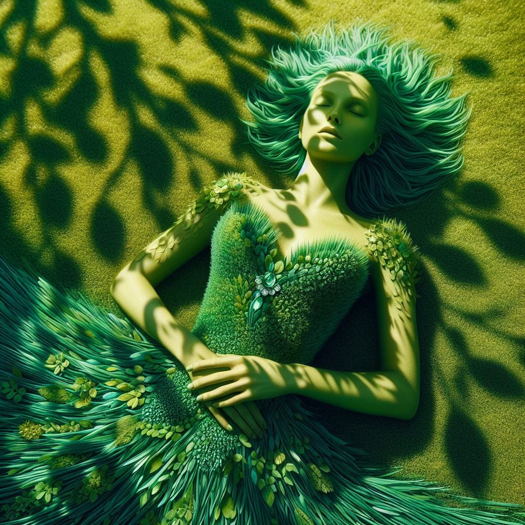 Hyper realistic woman in sitting in green dress made of grass in grass. Grassy earth with woman, made of grass.She is one with the ground.  Grass is chartrues and mint green and naples yellow, vibrant yellow. green crystal broach on her dress,Tree overhead is casting tiny leaf shadows on person. Sunny day. Ethereal . Luminescent