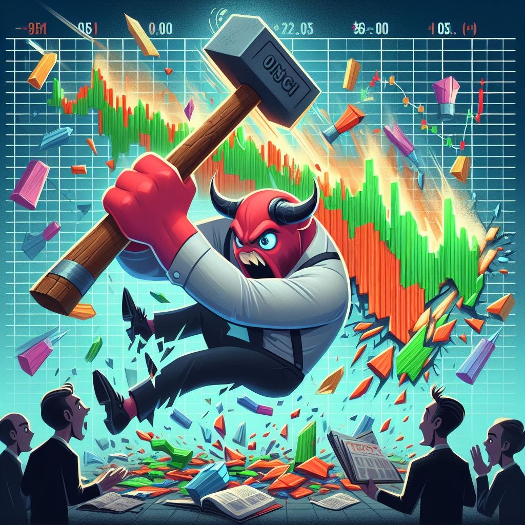 a anthropomorphic stock chart with a giant sledgehammer, smashing the stock chart of a tech stock that's falling sharply with the ticker SMCI to pieces, make it funny, colourful and dynamic