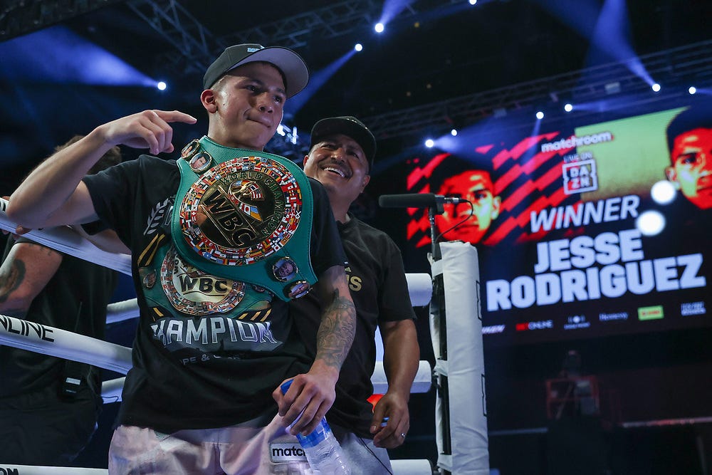 June 25, 2022; San Antonio, Texas, USA; Jesse Rodriguez and Srisaket Sor Rungvisai during their bout at the Tech Port Arena in San Antonio, Texas. Mandatory Credit: Melina Pizano/Matchroom.