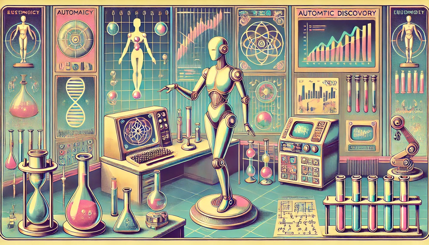 A retro-futurist-style illustration depicting automated scientific discovery. The scene features a glowing, vintage robotic figure with sleek curves and Art Deco-inspired design working in a futuristic laboratory. The laboratory includes classic mid-20th-century aesthetics combined with advanced technology such as automated machinery, holographic projections, and glowing tubes filled with experimental substances. Charts, equations, and vintage computer screens blend seamlessly with futuristic elements. The color palette consists of pastel tones with metallic and neon highlights, evoking a sense of nostalgia and futuristic innovation.